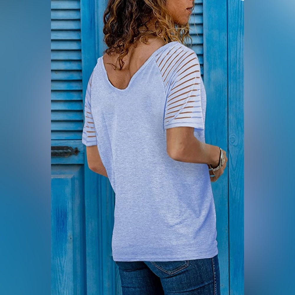 Short-Sleeve V-Neck Blue Shirt Size Small Adorable Sheer Sleeve Detail